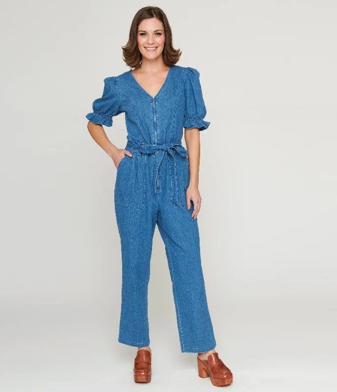 Short Jumpsuits BodyconBodycon1970s Denim Puff Sleeve Jumpsuit
