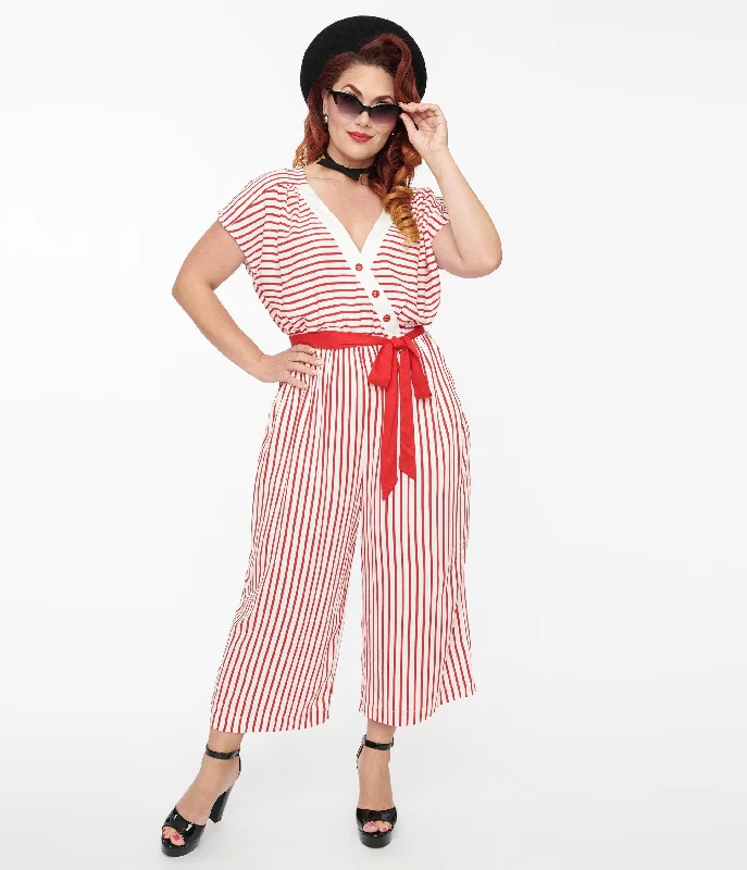 Summer Jumpsuits CasualCasualHell Bunny 1950s White & Red Striped Jumpsuit