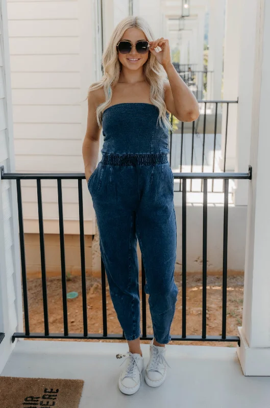 Comfortable Travel Jumpsuits FashionFashionKara Strapless Tapered Leg Jumpsuit