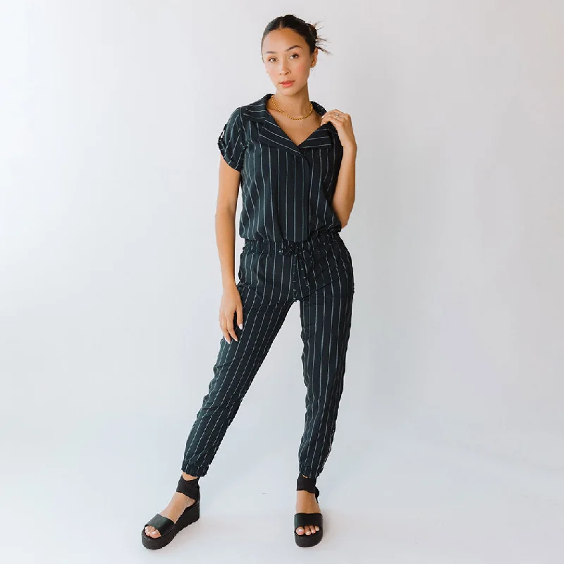 Affordable Jumpsuits BeltedBeltedNavy Pinstripe Collar Jumpsuit