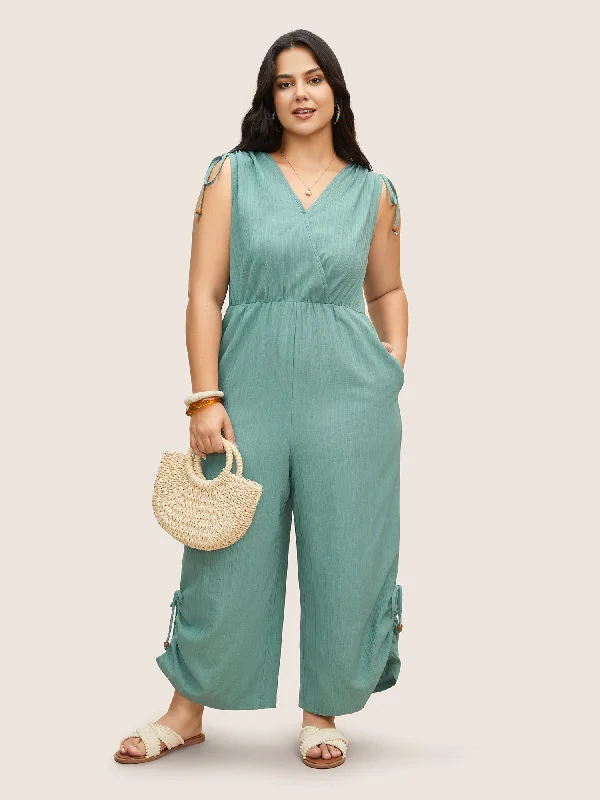 High-Waisted Jumpsuits CasualCasualPlain Textured Surplice Neck Drawstring Jumpsuit