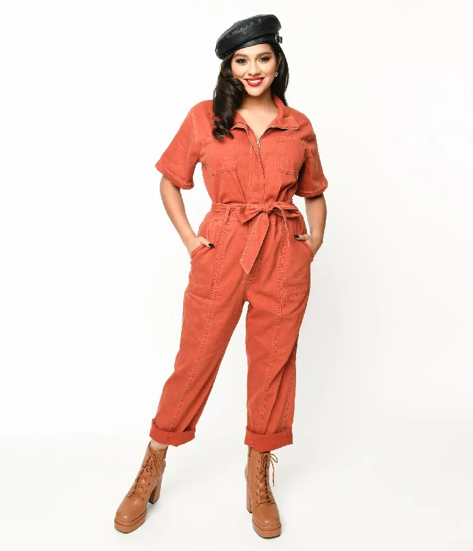 Patterned Jumpsuits V-neckV-neckRust Denim Utility Jumpsuit
