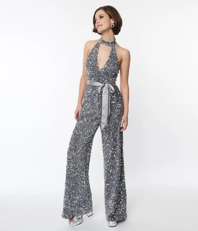 Funky Jumpsuits BeltedBeltedSmak Parlour Silver Sequin Glamour Goddess Jumpsuit