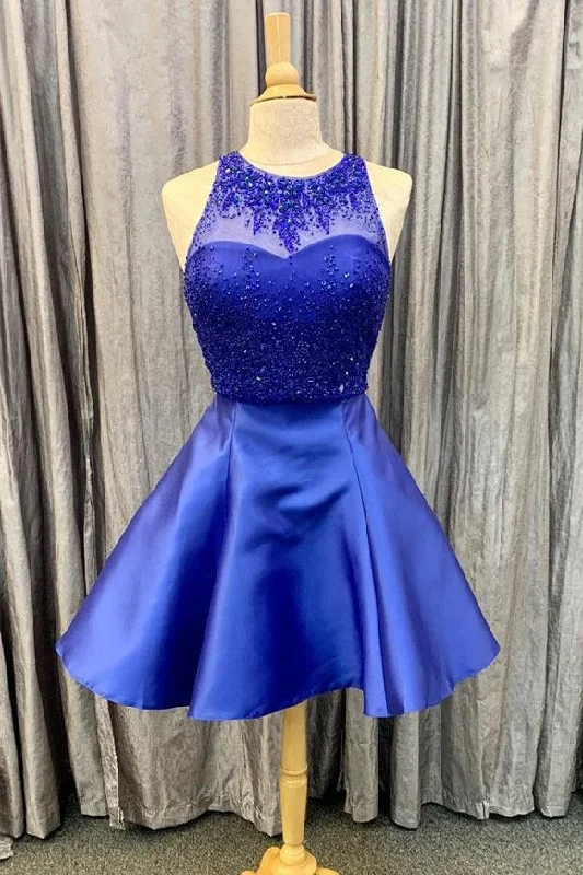 Corset dress – Dress designed with a built-in corset or lace-up feature to create a cinched, structured waist.Corset dress – Dress designed with a built-in corset or lace-up feature to create a cinched, structured waist.Cute Royal Blue Beaded Short Homecoming Dress