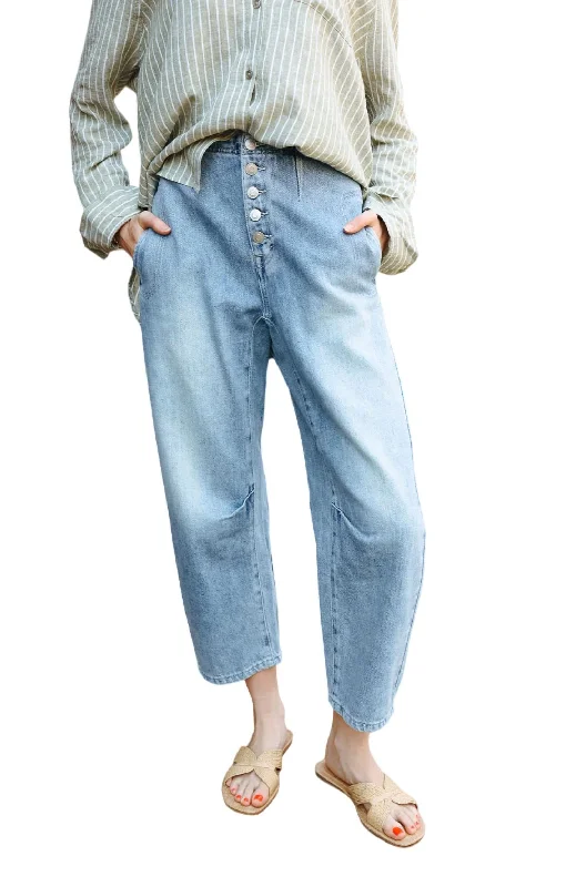 Elastic waist trousers – Trousers with an elasticated waistband for a more comfortable, stretchy fit.Elastic waist trousers – Trousers with an elasticated waistband for a more comfortable, stretchy fit.Denim Button Barrel Jean In Light Wash Elastic waist trousers – Trousers with an elasticated waistband for a more comfortable, stretchy fit.Elastic waist trousers – Trousers with an elasticated waistband for a more comfortable, stretchy fit.Denim Button Barrel Jean In Light Wash