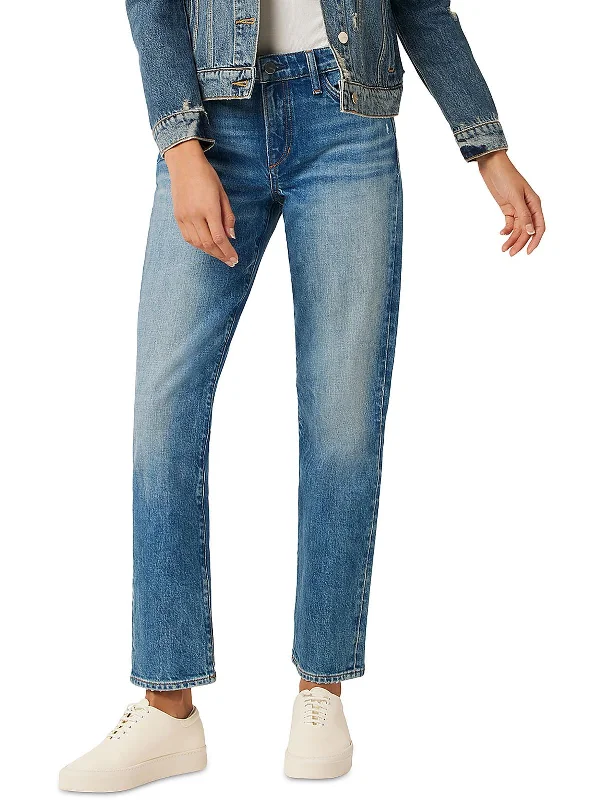 Button-front trousers – Trousers that feature a row of buttons along the waistband for a stylish detail.Button-front trousers – Trousers that feature a row of buttons along the waistband for a stylish detail.Womens Denim Distressed Ankle Jeans