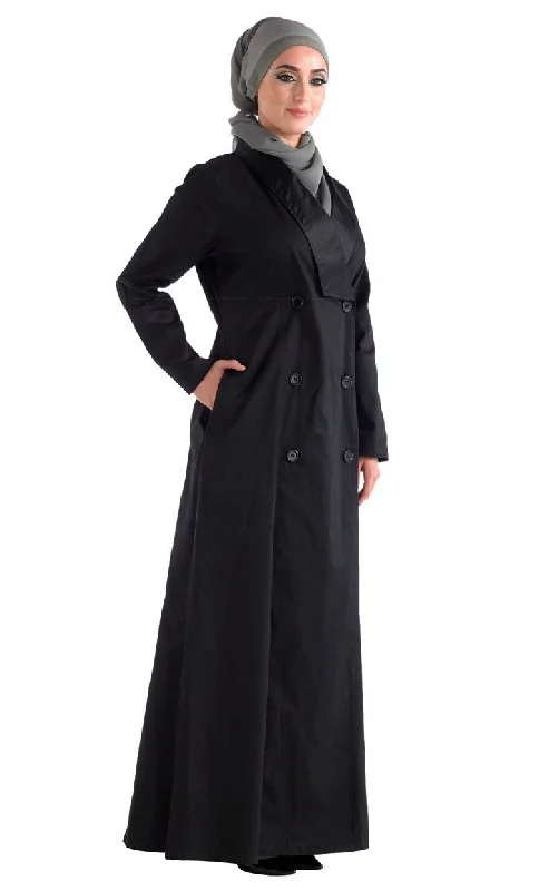 Waterproof – Resistant to waterWaterproof – Resistant to waterBlack front open jilbab with a Trench Coat Collar Waterproof – Resistant to waterWaterproof – Resistant to waterBlack front open jilbab with a Trench Coat Collar