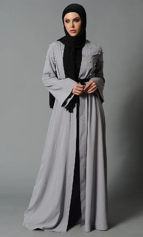 Button-down – With buttons, button closureButton-down – With buttons, button closureLight Grey Fancy Pearl Detail Bisht with Fabric Tie Button-down – With buttons, button closureButton-down – With buttons, button closureLight Grey Fancy Pearl Detail Bisht with Fabric Tie
