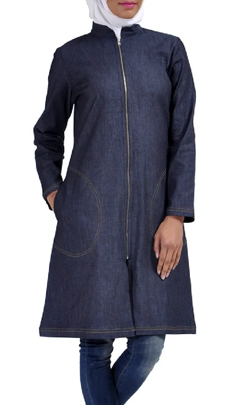 Military-inspired – Features like epaulets or button details that resemble military uniformsMilitary-inspired – Features like epaulets or button details that resemble military uniformsModest Blue knee length denim Jacket