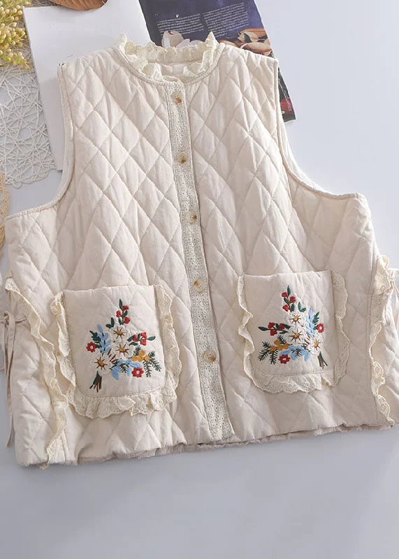 Down-filled – Filled with down feathers for insulationDown-filled – Filled with down feathers for insulationOrganic Beige Embroideried Ruffled Patchwork Tie Waist Waistcoat Winter Down-filled – Filled with down feathers for insulationDown-filled – Filled with down feathers for insulationOrganic Beige Embroideried Ruffled Patchwork Tie Waist Waistcoat Winter