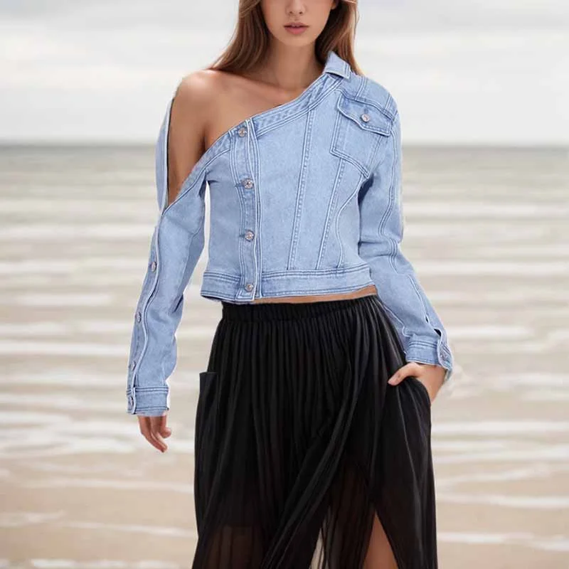 Waterproof – Resistant to waterWaterproof – Resistant to waterRetro off-the-shoulder blue denim jacket Top Jean Coat Waterproof – Resistant to waterWaterproof – Resistant to waterRetro off-the-shoulder blue denim jacket Top Jean Coat