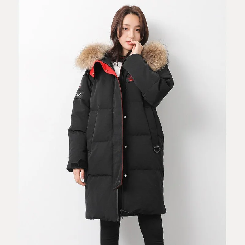 Windproof – Wind-resistantWindproof – Wind-resistantWarm black goose Down coat Loose fitting hooded womens parka long sleeve overcoat Windproof – Wind-resistantWindproof – Wind-resistantWarm black goose Down coat Loose fitting hooded womens parka long sleeve overcoat