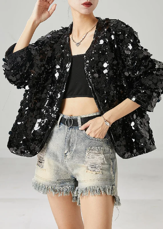 Button-down – With buttons, button closureButton-down – With buttons, button closureWomen Black Sequins Oversized Coat Spring Button-down – With buttons, button closureButton-down – With buttons, button closureWomen Black Sequins Oversized Coat Spring