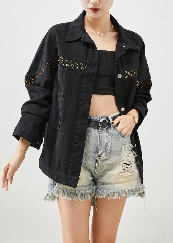 Fleece-lined – With soft fleece inside for warmthFleece-lined – With soft fleece inside for warmthWomen Black Sequins Patchwork Denim Coats Fall Fleece-lined – With soft fleece inside for warmthFleece-lined – With soft fleece inside for warmthWomen Black Sequins Patchwork Denim Coats Fall