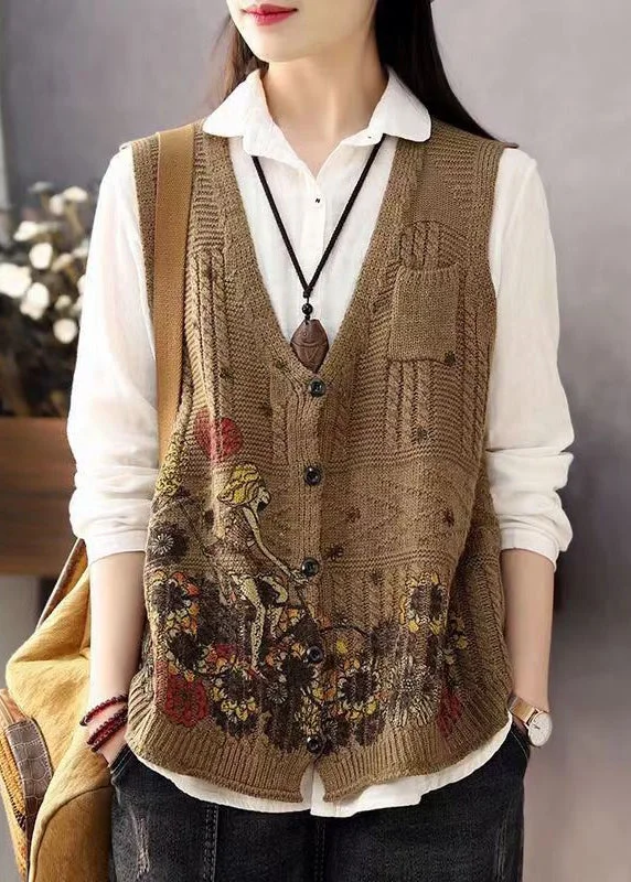 Warm – Insulated, cozyWarm – Insulated, cozyWomen Brown V Neck Print Button Cotton Knit Waistcoat Sleeveless Warm – Insulated, cozyWarm – Insulated, cozyWomen Brown V Neck Print Button Cotton Knit Waistcoat Sleeveless