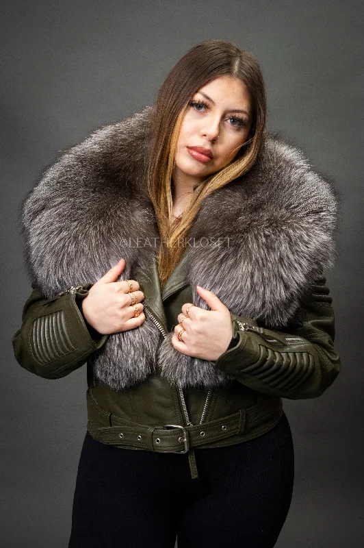 Windproof – Wind-resistantWindproof – Wind-resistantWomen's Trey Biker Olive Oversized Fox Collar [Silver Fox Fur]
