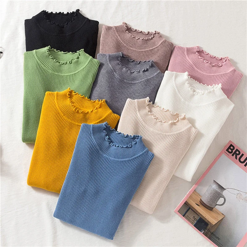 Cable knit – Featuring textured, braided patternsCable knit – Featuring textured, braided patternsBasic Frilly Mock Neck Sweater (9 Colors) Cable knit – Featuring textured, braided patternsCable knit – Featuring textured, braided patternsBasic Frilly Mock Neck Sweater (9 Colors)