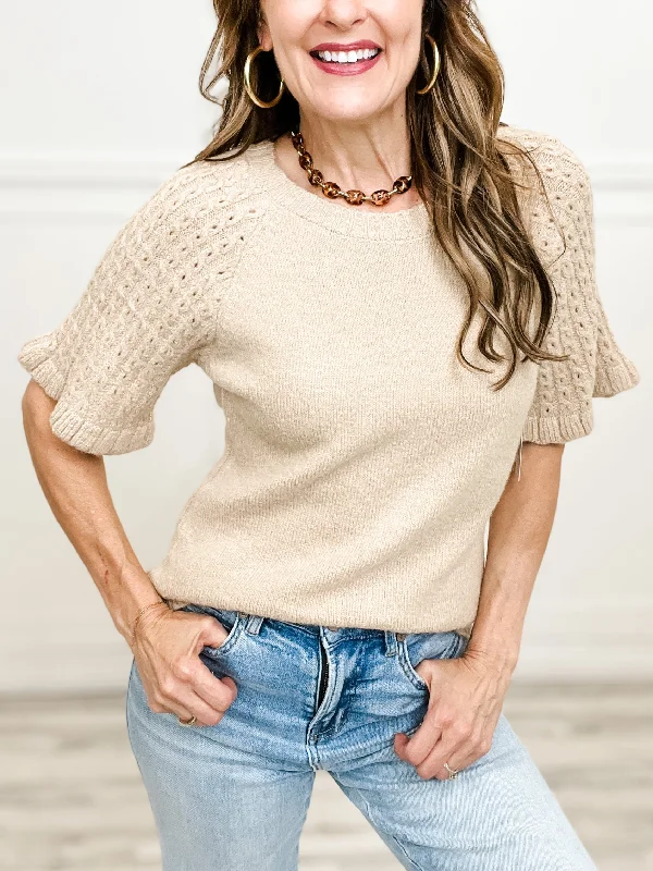 Belted – With a belt or sash for a defined waistBelted – With a belt or sash for a defined waistCable Knit Short Ruffled Sleeve Sweater Top Belted – With a belt or sash for a defined waistBelted – With a belt or sash for a defined waistCable Knit Short Ruffled Sleeve Sweater Top