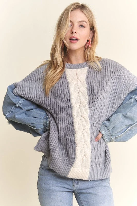 Hooded – Sweater with an attached hoodHooded – Sweater with an attached hoodFRAYED DENIM SLEEVE COLORBLOCK SWEATER TOP - GREY Hooded – Sweater with an attached hoodHooded – Sweater with an attached hoodFRAYED DENIM SLEEVE COLORBLOCK SWEATER TOP - GREY