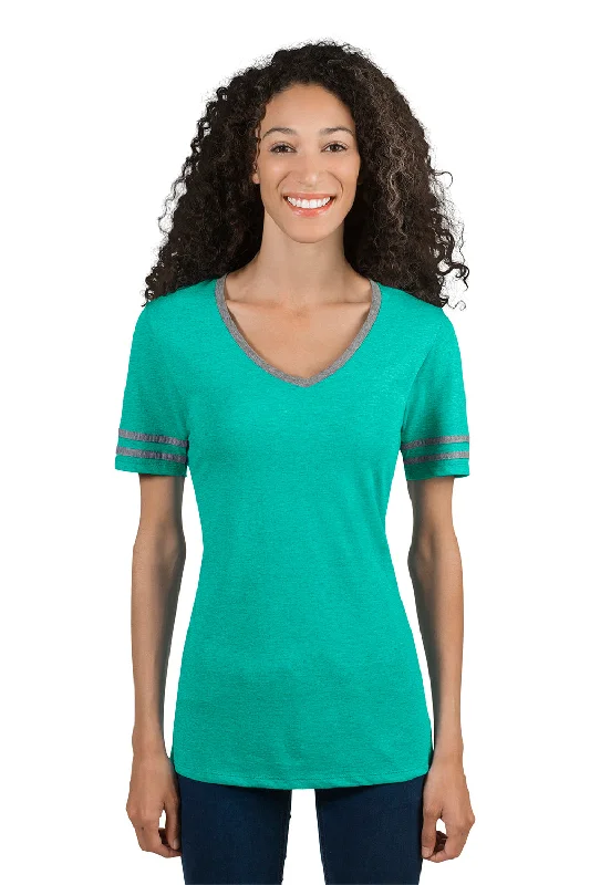Knit – Soft and stretchy fabric with a knitted textureKnit – Soft and stretchy fabric with a knitted textureJerzees Womens Varsity Ringer Moisture Wicking Short Sleeve V-Neck T-Shirt - Heather Mint Green/Oxford Grey - Closeout