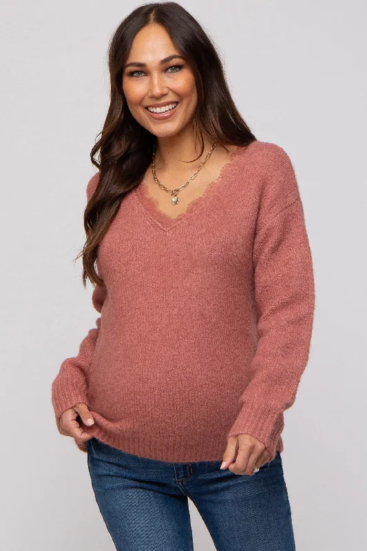 Boxy – Square, loose shapeBoxy – Square, loose shapeMauve Soft Knit Lace Trim Maternity Sweater Boxy – Square, loose shapeBoxy – Square, loose shapeMauve Soft Knit Lace Trim Maternity Sweater