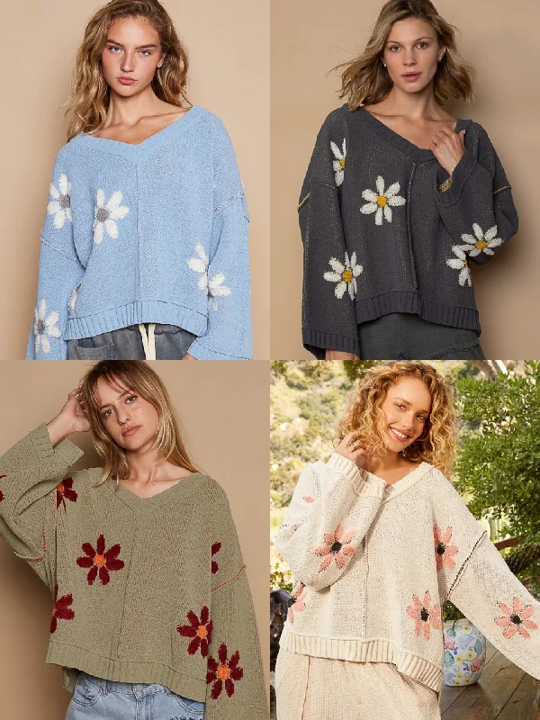 Merino wool – Soft, fine wool for warmth and breathabilityMerino wool – Soft, fine wool for warmth and breathabilityPOL V-neck floral pattern chenille pullover sweater - Olive, Pale Almond, Baby Blue and Charcoal Merino wool – Soft, fine wool for warmth and breathabilityMerino wool – Soft, fine wool for warmth and breathabilityPOL V-neck floral pattern chenille pullover sweater - Olive, Pale Almond, Baby Blue and Charcoal