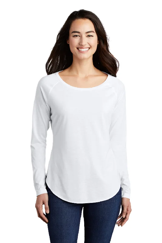 Pima cotton – Soft, high-quality cotton for a luxurious feelPima cotton – Soft, high-quality cotton for a luxurious feelSport-Tek Womens Moisture Wicking Long Sleeve Scoop Neck T-Shirt - White Pima cotton – Soft, high-quality cotton for a luxurious feelPima cotton – Soft, high-quality cotton for a luxurious feelSport-Tek Womens Moisture Wicking Long Sleeve Scoop Neck T-Shirt - White