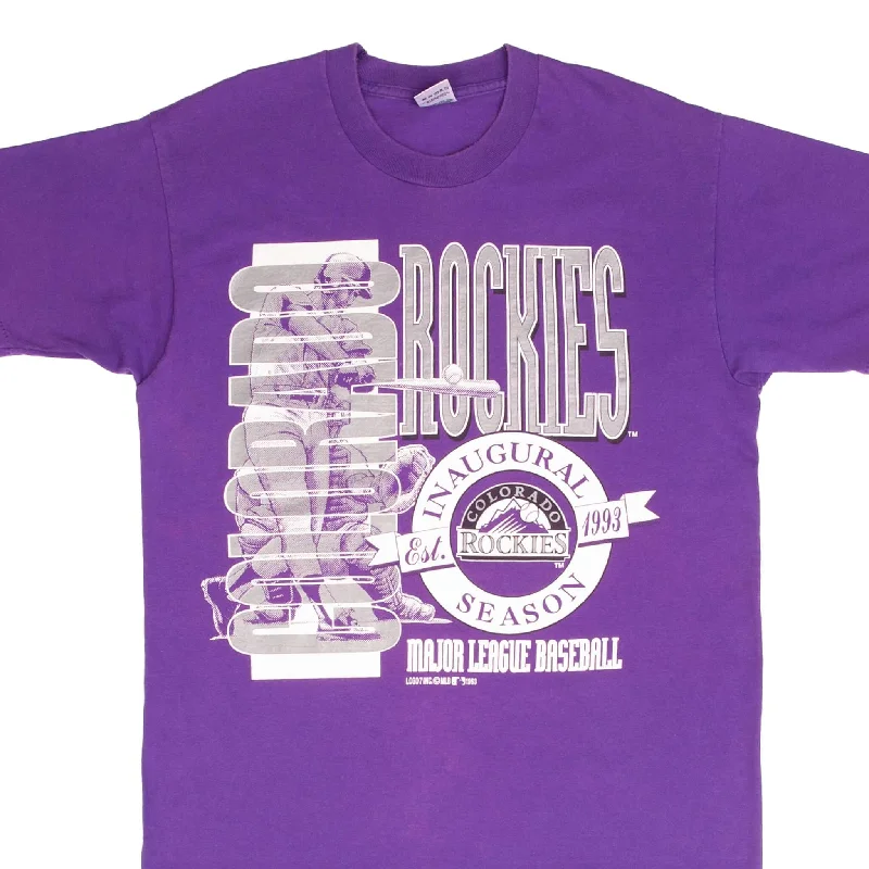 Knit – Soft and stretchy fabric with a knitted textureKnit – Soft and stretchy fabric with a knitted textureVINTAGE MLB COLORADO ROCKIES INAUGURAL SEASON 1993 TEE SHIRT MEDIUM MADE IN USA