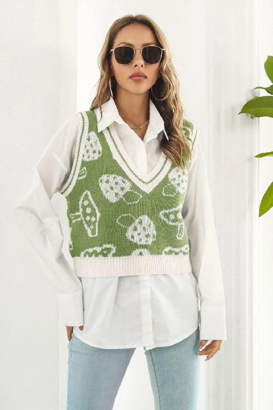 cozy women's waistcoatscozy women's waistcoatsPrinted Plunge Neck Sweater Vest