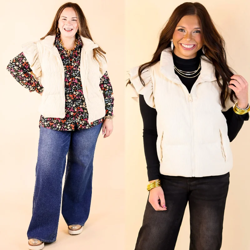 women's waistcoats that are versatile and stylishwomen's waistcoats that are versatile and stylishWinter Wanderlust Corduroy Puffer Vest with Ruffle Sleeves in Cream