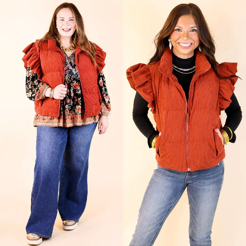 women's waistcoats that are lightweight yet warmwomen's waistcoats that are lightweight yet warmWinter Wanderlust Corduroy Puffer Vest with Ruffle Sleeves in Rust Red